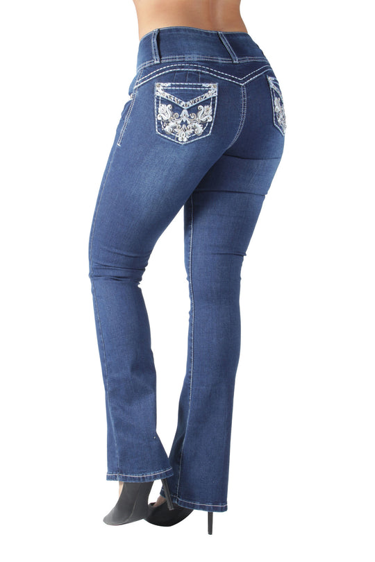 Butt Lift Push Up Mid Waist Ripped Distressed Boot Leg Jeans (DJ3760-BT)