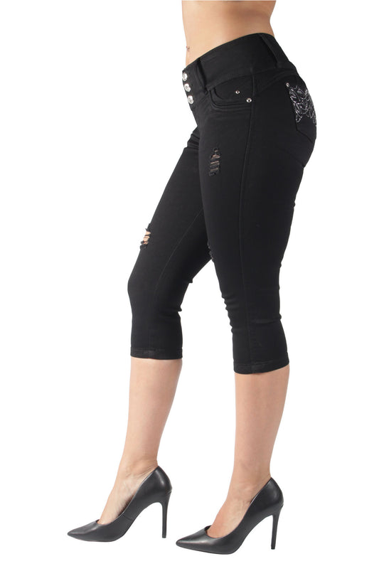 Destroyed Ripped Mid Waist Butt Lift Push Up Capri Shorts (DJ3788-CP)