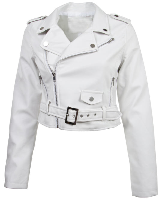 Fashionable Cropped Faux Leather Moto Biker Jacket (13281-PUD)