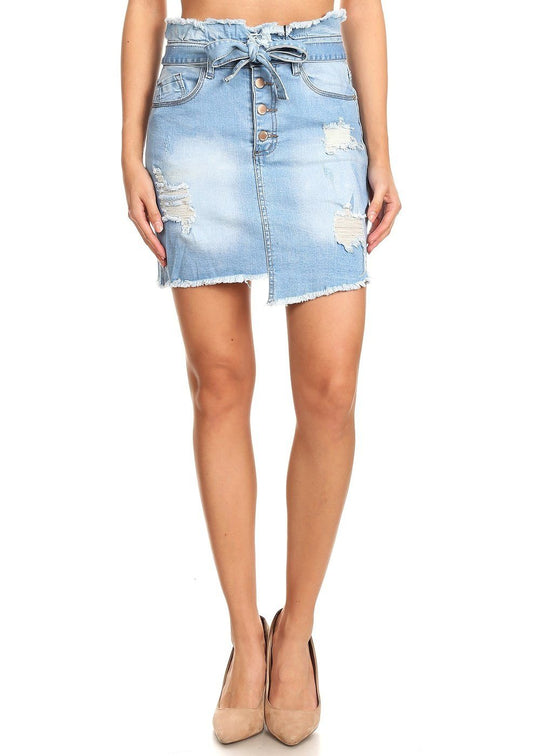 High Waisted Stretch Belted Asymmetric Ripped Denim Skirt (NR500SK)