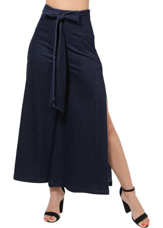 High Waist Deep Side Slit Denim Ankle Wide Flair Pants (P10352)