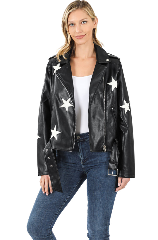 Pu Faux Vegan Leather Star Patch Moto Biker Belted Jacket (PJ-15027)