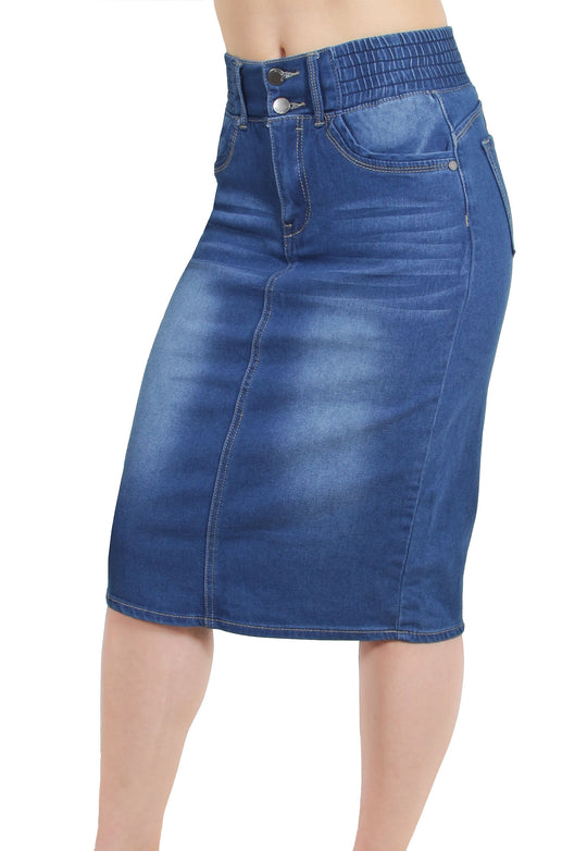 Butt Lifting Pencil Denim Midi Skirt With Elastic Waist (R245-SKIRT)