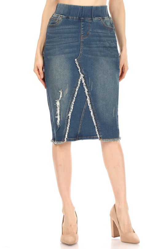 High Waisted Shaping Pullon Stretch Denim Mid Length Skirt (77560-SKT)