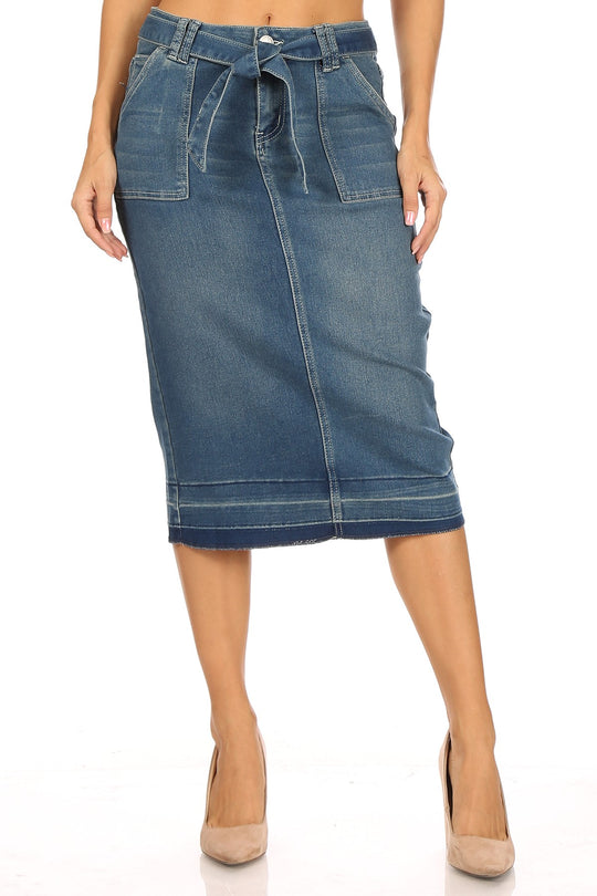 Calf  Length Pencil Stretch Denim Skirt (77809-SKT)