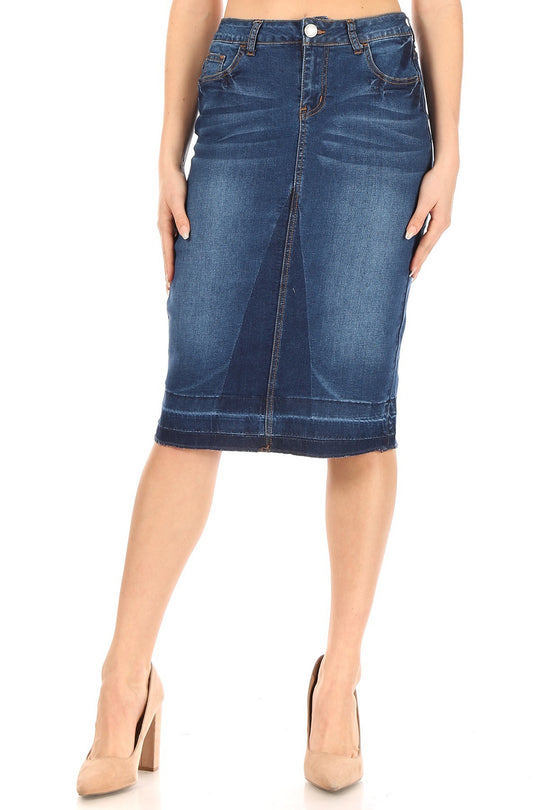 Calf  Length Stretch Pencil Stretch Denim Skirt (77852-SKT)