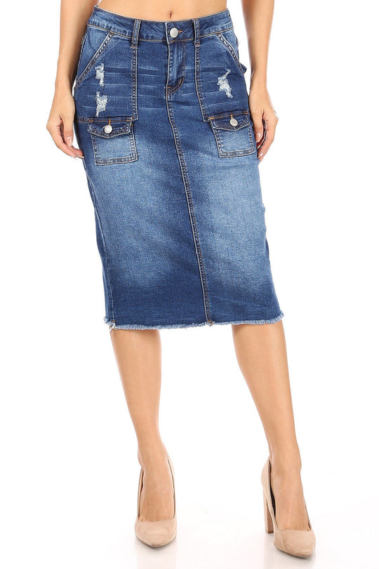 Calf  Length Stretch Denim Cargo Skirt (77875-SKT)