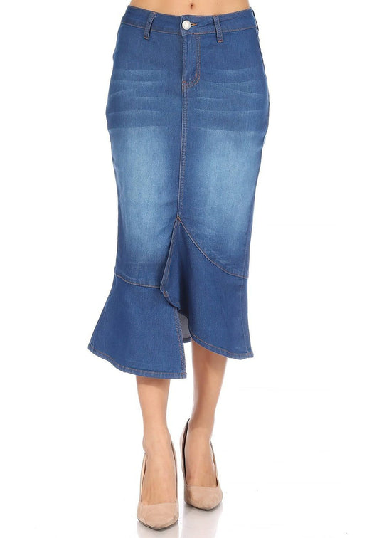 Middle Length Stretch Denim Skirt (77933-SKT)