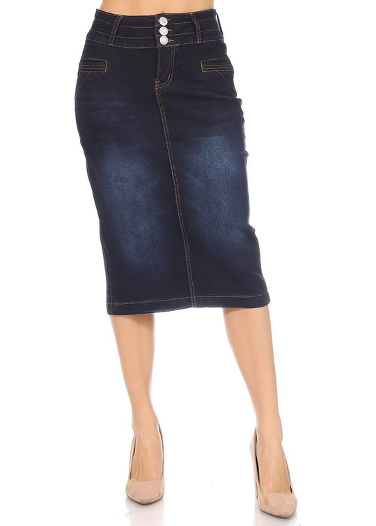Middle Length Pencil Stretch Denim Skirt (77966-SKT)