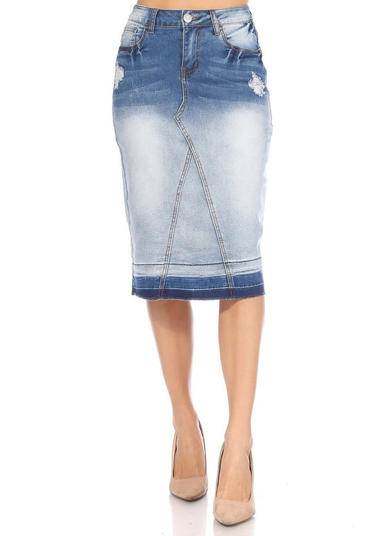 Ripped Middle Length Pencil Stretch Denim Skirt (77986-SKT)