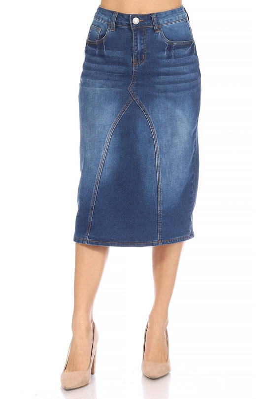 Calf  Length Stretch Pencil Stretch Denim Skirt (78003-SKT)