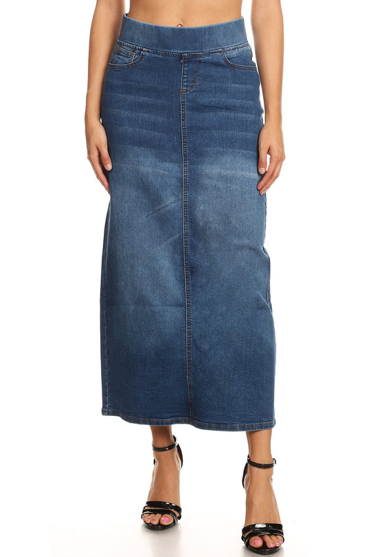 High Waisted Shaping Pullon Stretch Denim Long Skirt (87241-SKT)