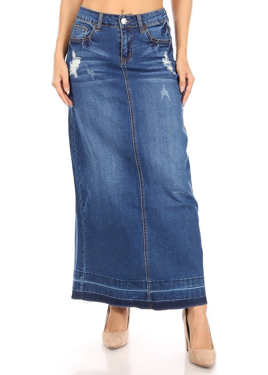 Long Pencil Stretch Ripped Denim Skirt (87884-SKT)