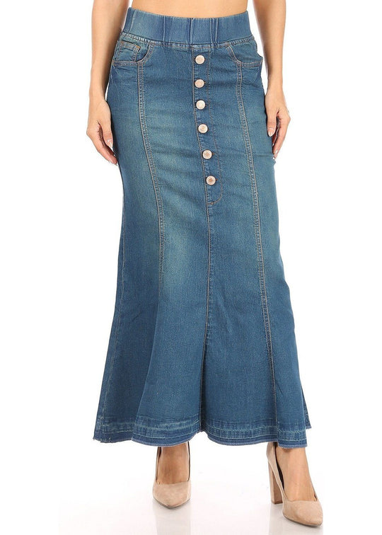 Elastic Waist Mermaid Shape Stretch Denim Long Skirt (87900-SKT)