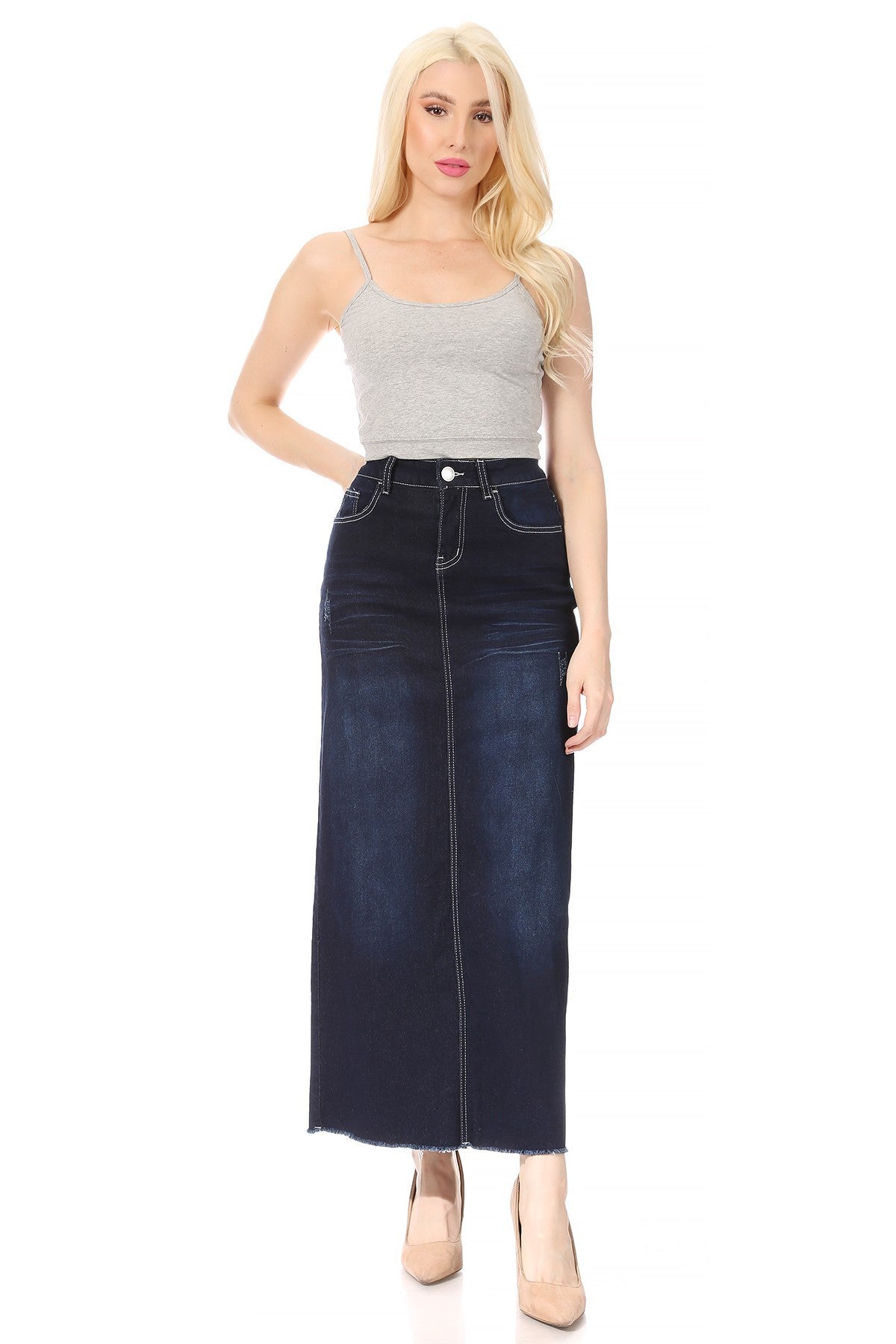 Women's Juniors/Plus Size Stretch Denim Long Skirt with Frayed Hem 