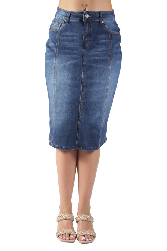 Classic High Waist Below Knee Midi Pencil Denim Skirt (SK478-SKT)