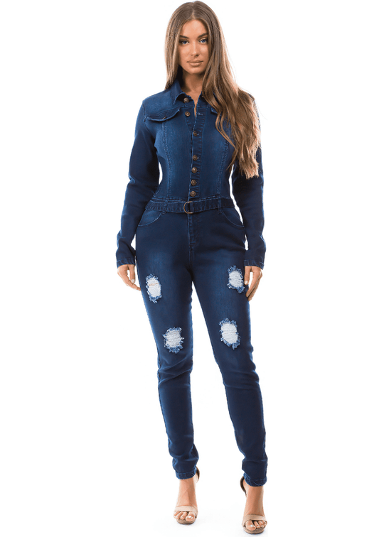 Long Sleeves Button Up Distressed Denim Skinny Leg Jumpsuit (WA3330G-JUMP)