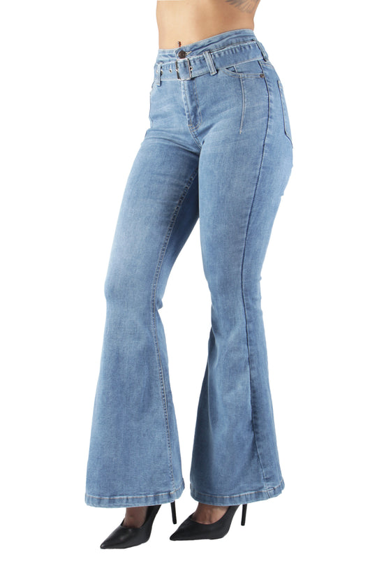 Bell Bottom High Waist Belted Flared Stretch Jeans (WA4068)