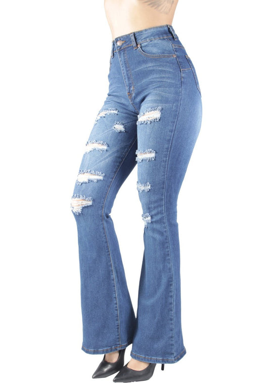 Bell Bottom Ripped High Waist Flared Stretch Jeans (WA4099)