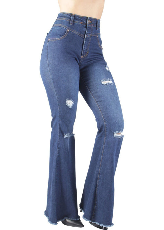 Bell Bottom Ripped High Waist Flared Stretch Jeans (WA4101)