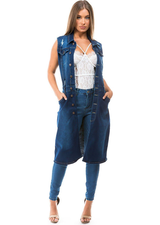 Premium Denim Trucker Dress  Long Sleeveless Jacket (WA913G)
